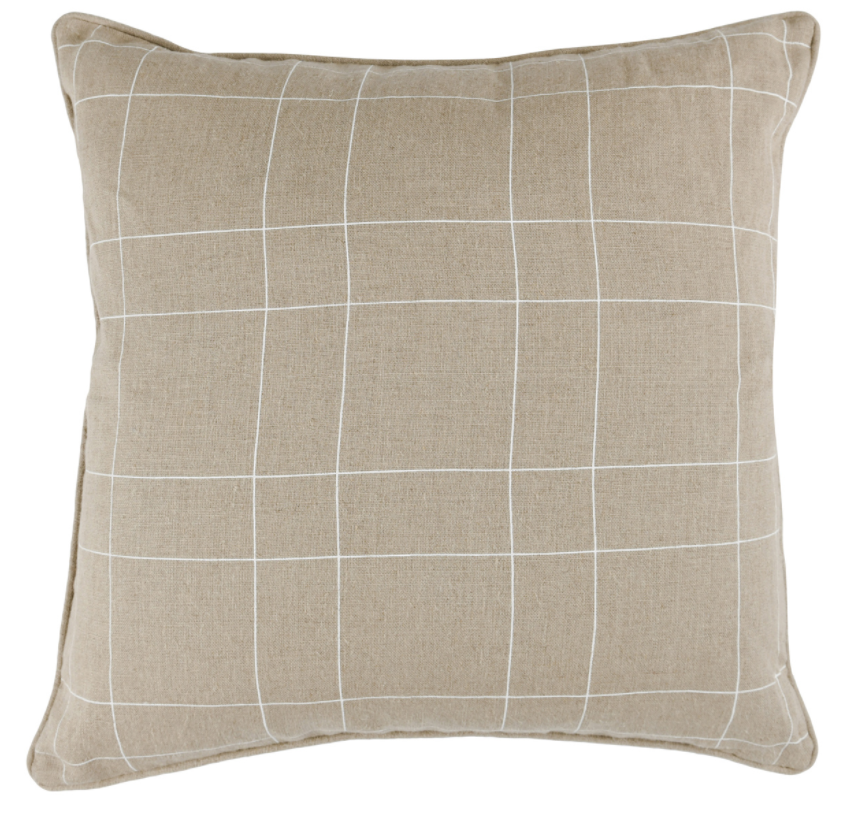 Simplifying a classic plaid design, this pillow adds an understated traditional element to any setting. Screen printed by hand on natural Belgian flax linen, this pillow offers subtle texture and neutral colorways to suit any style.