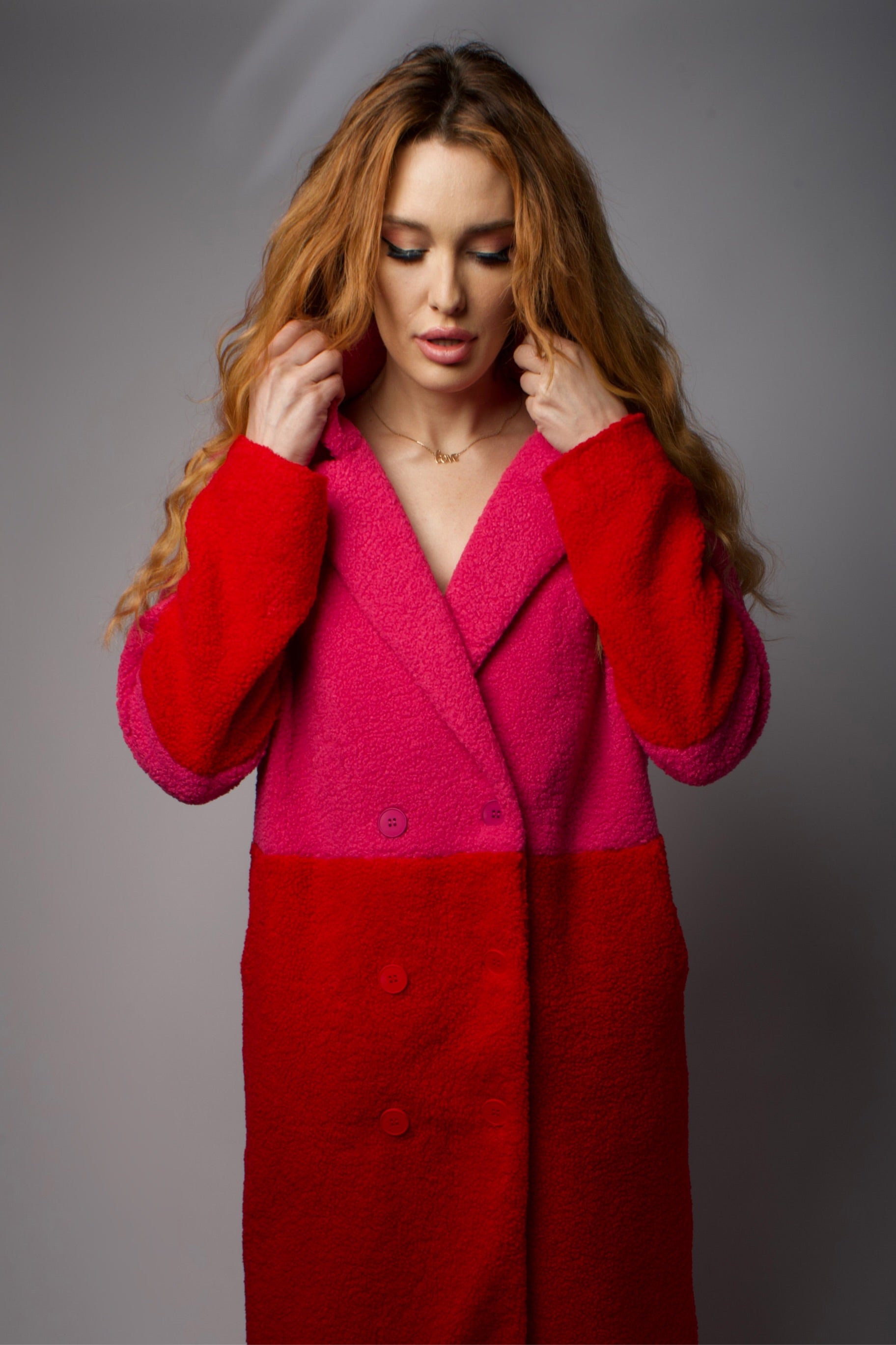 Boucle Pink and Red Double Breasted Coat