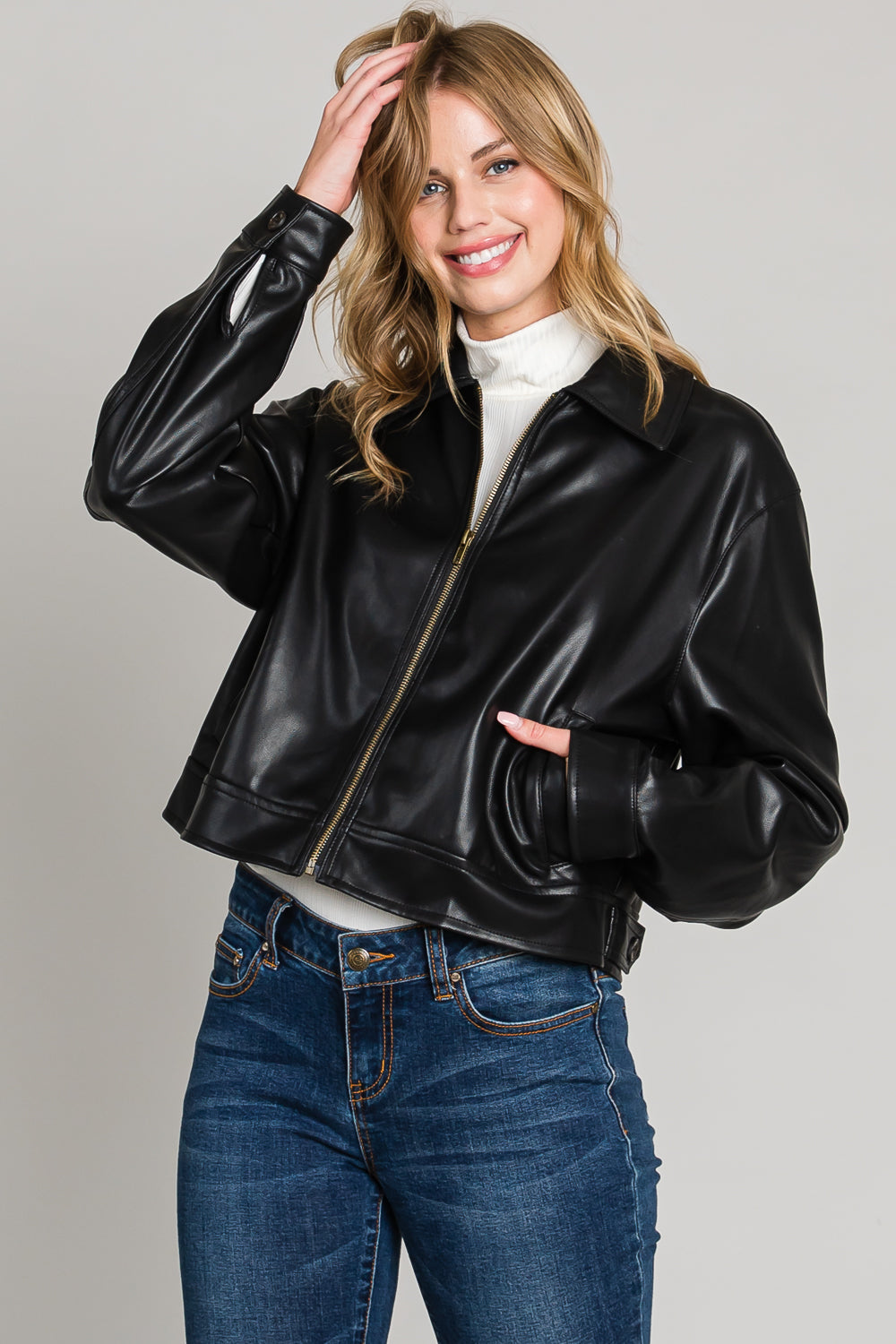 Soft Faux Leather zip front Moto Jacket! This gorgeous jacket is crafted from buttery soft faux leather that feels amazing to the touch. It's also super comfortable and just warm enough, making it perfect for those chilly autumn days and nights. Add a little edge to your outfit with this must-have jacket!