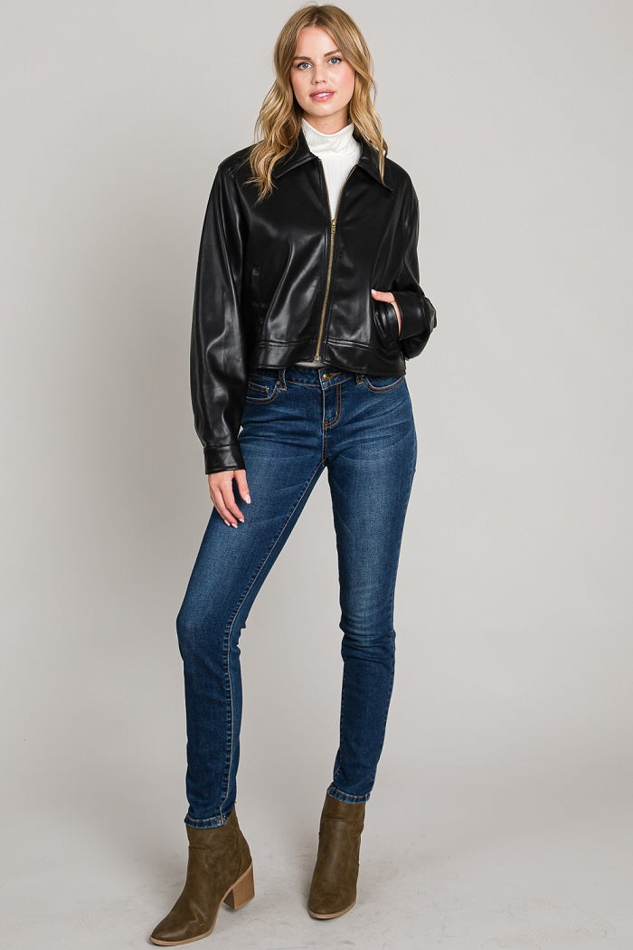 Soft Faux Leather zip front Moto Jacket! This gorgeous jacket is crafted from buttery soft faux leather that feels amazing to the touch. It's also super comfortable and just warm enough, making it perfect for those chilly autumn days and nights. Add a little edge to your outfit with this must-have jacket!