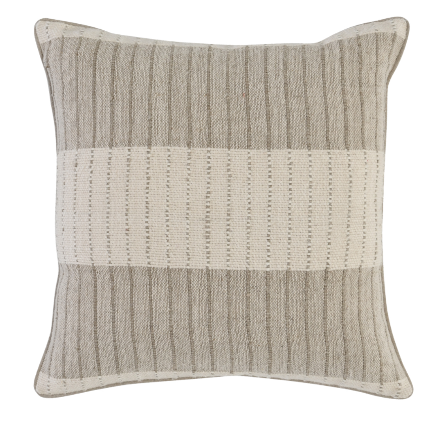 Woven with classic stripes, this pillow adds a casual traditional element to any space. Neutral colorways and a soft hand feel make this reversible pillow an ideal choice for most styles. A plush feather blend insert adds luxurious comfort.  Dimensions: 22" x 22" Fabric: Cotton/Linen Blend Woven Stripe Design on the Front and Back of the Pillow Soft and Casual Hand Feel Same Fabric on the Front and Back Knife Edge Finish YKK Hidden Zipper Luxury Feather & Down Insert