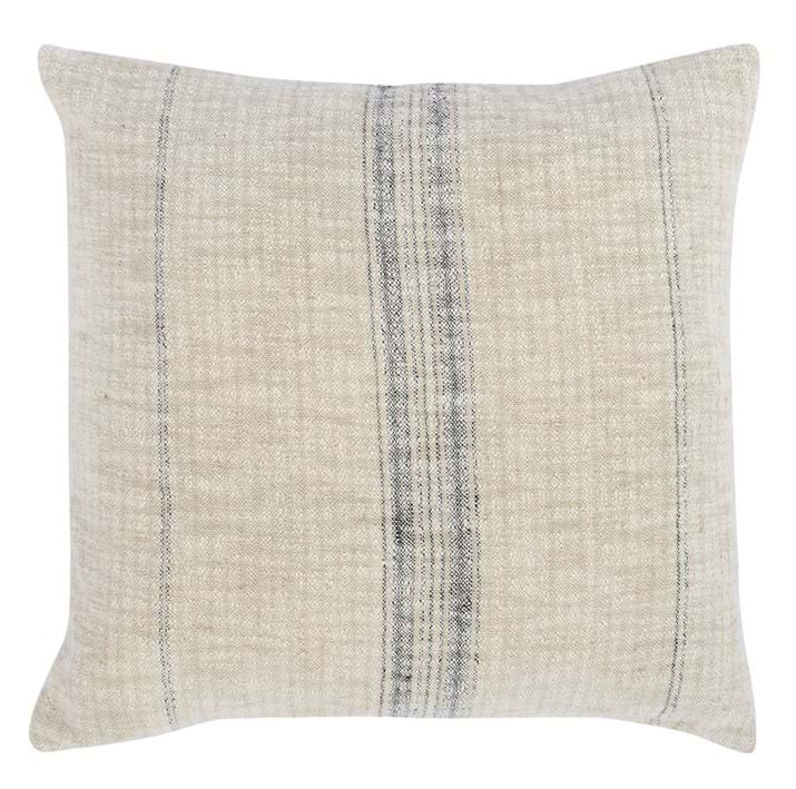 Woven with classic stripes, this pillow adds a casual traditional element to any space. Neutral colorways and a soft hand feel make this reversible pillow an ideal choice for most styles. A plush feather blend insert adds luxurious comfort.  Dimensions: 22" x 22" Fabric: Cotton/Linen Blend Woven Stripe Design on the Front and Back of the Pillow Soft and Casual Hand Feel Same Fabric on the Front and Back Knife Edge Finish YKK Hidden Zipper Luxury Feather & Down Insert