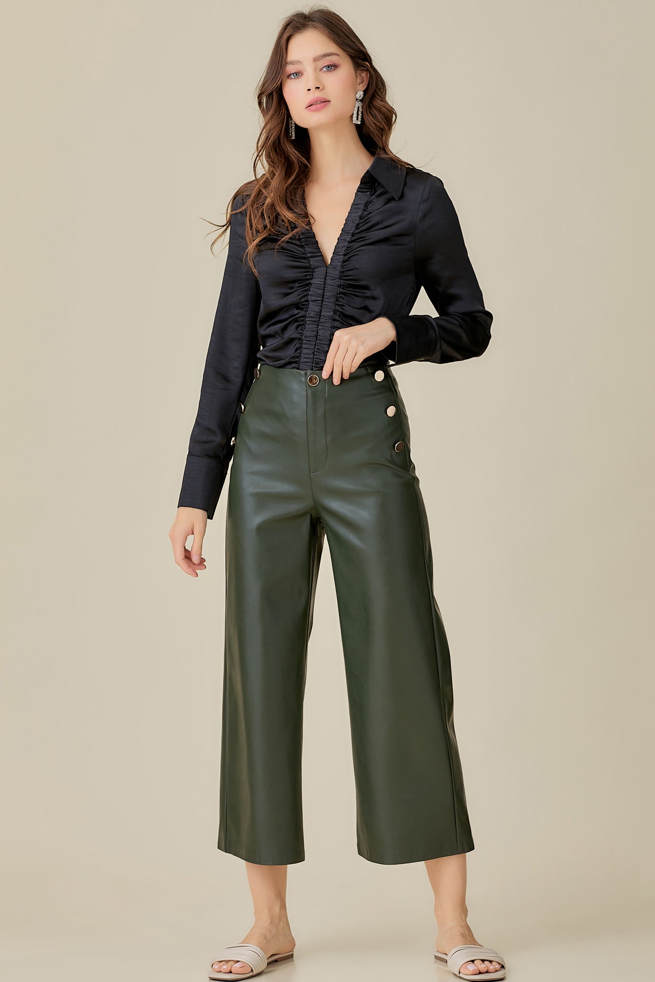 Button Detail Faux Leather Trousers