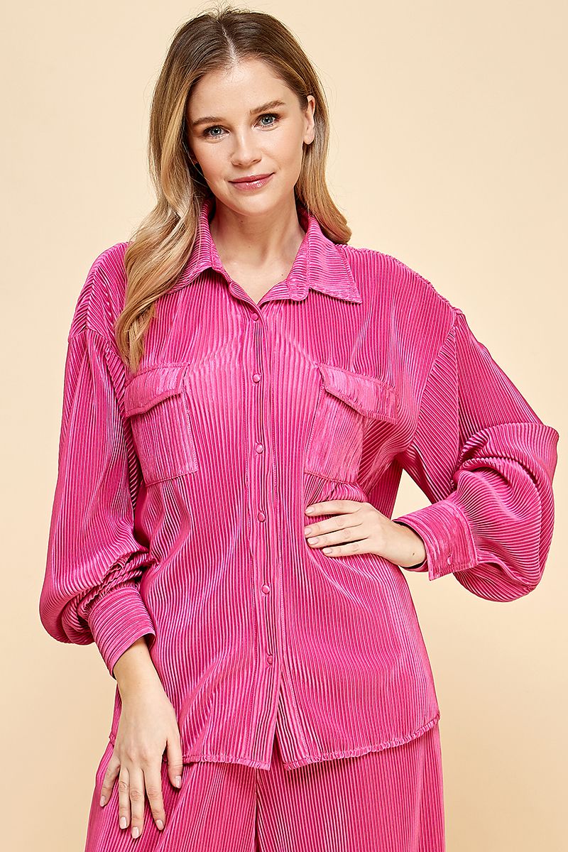 Pleated button down long sleeve top